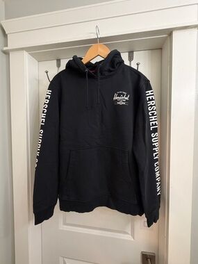 Herschel Supply Company Black Pullover Hoodie with White Sleeve Logo